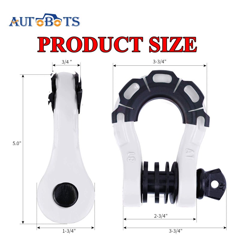 AUTOBOTS أغلال حلقية على شكل حرف D من AUTOBOTS عالية التحمل (عبوة من قطعتين) سعة 68.000 رطل أقوى من 3/4 بوصة على شكل حرف D مع دبوس لولبي 7/8 بوصة لحزام السحب ونش الطرق الوعرة لاستعادة المركبات باللون الأبيض - Image 3